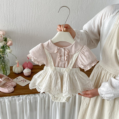 【BABY】夏新作 パフスリーブTシャツ＆レースサロペットショートパンツSK104817