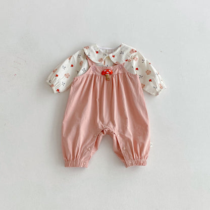【BABY】小さな襟シャツ＆きのこサロペット2点セットSK092302