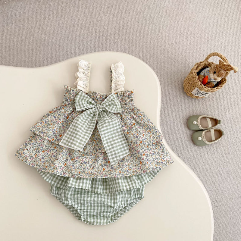 【BABY&KID】夏新作 グリーン蝶結び付きセットアップSK080108