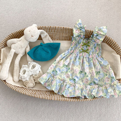 【姉妹服】夏新作 蝶結びフライングスリーブ花柄ロンパース、ワンピースSK072317