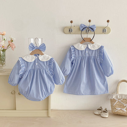 【姉妹服】ブルーストライプロンパース、ワンピースSK101113