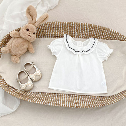 【BABY&KID】夏新作 刺繍フリル襟トップス＆チェックショートパンツSK081524