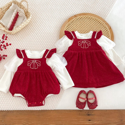 【BABY】冬新作蝶結び刺繍あったかロンパース、ワンピースSK103114