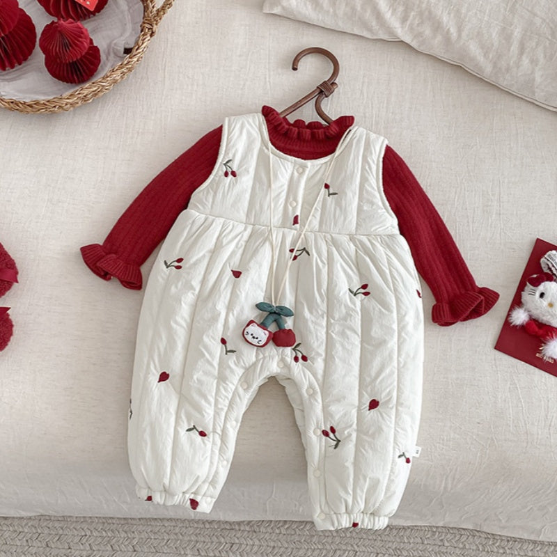 【BABY】冬新作チェリー刺繍キルティングカバーオールSK103109