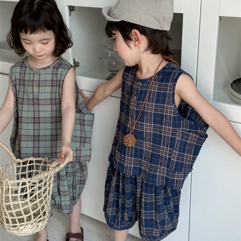 【BABY&KID】夏新作 チェックコットンリネンセットアップSK080511