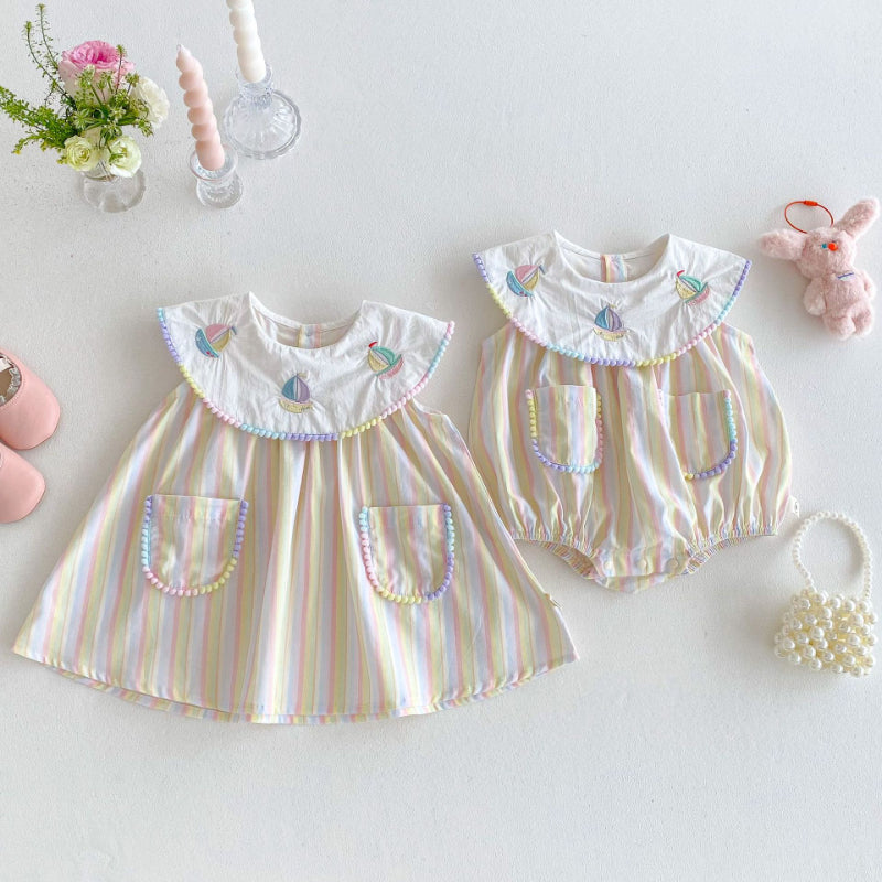 【姉妹服】夏新作 刺繍セーラー舟ロンパース、ワンピースSK072316