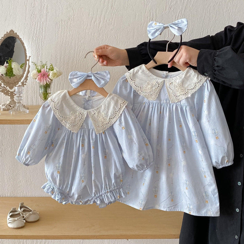 【姉妹服】バルーン刺繍襟ロンパース、ワンピースSK101116