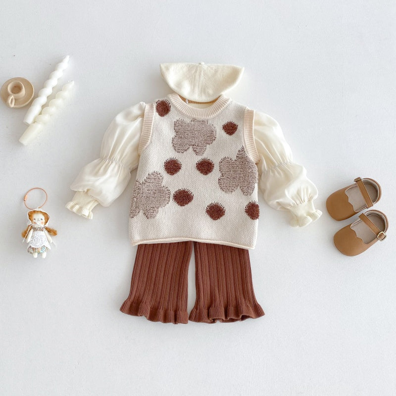 【BABY&KID】花柄ベスト&パフ袖トップス&ニットパンツ3点セットSK100332