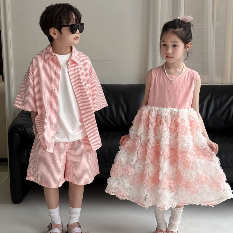 【BABY&KID】夏新作 ボーダーセットアップ、立体フラワーワンピースSK080520
