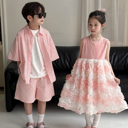 【BABY&KID】夏新作 ボーダーセットアップ、立体フラワーワンピースSK080520