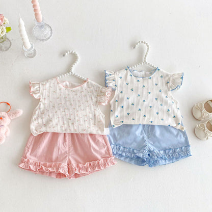 【BABY&KID】夏新作 ニットフリル袖Tシャツ、ョートパンツSK080615