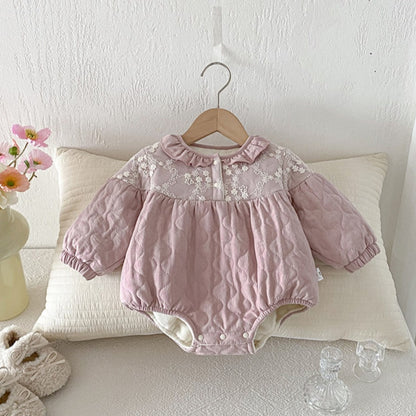 【BABY】冬新作フリル切り替えキルティング裏起毛カバーオールSK102719