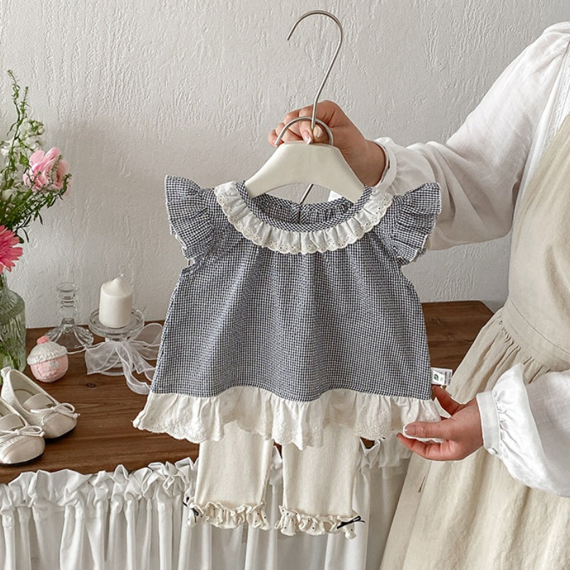 【BABY】夏新作チェックフリルスリーブシャツ、ドットフリルレギンスSK105315