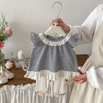 【BABY】夏新作チェックフリルスリーブシャツ、ドットフリルレギンスSK105315