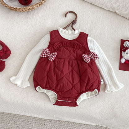 【BABY】冬新作キルティング蝶結びあったかロンパースSK103108