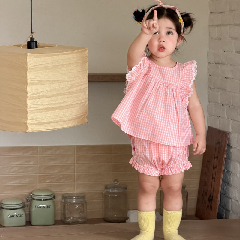 【BABY&KID】夏新作フリルスリーブチェックセットアップSK105713