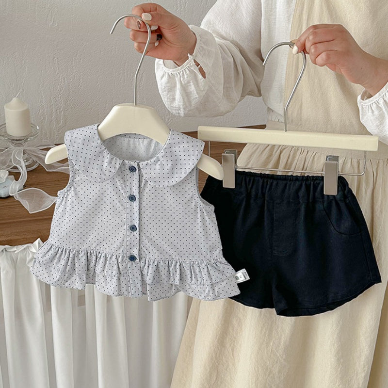 【BABY】夏新作ドットノースリーブシャツ、ブラックショートパンツSK104524