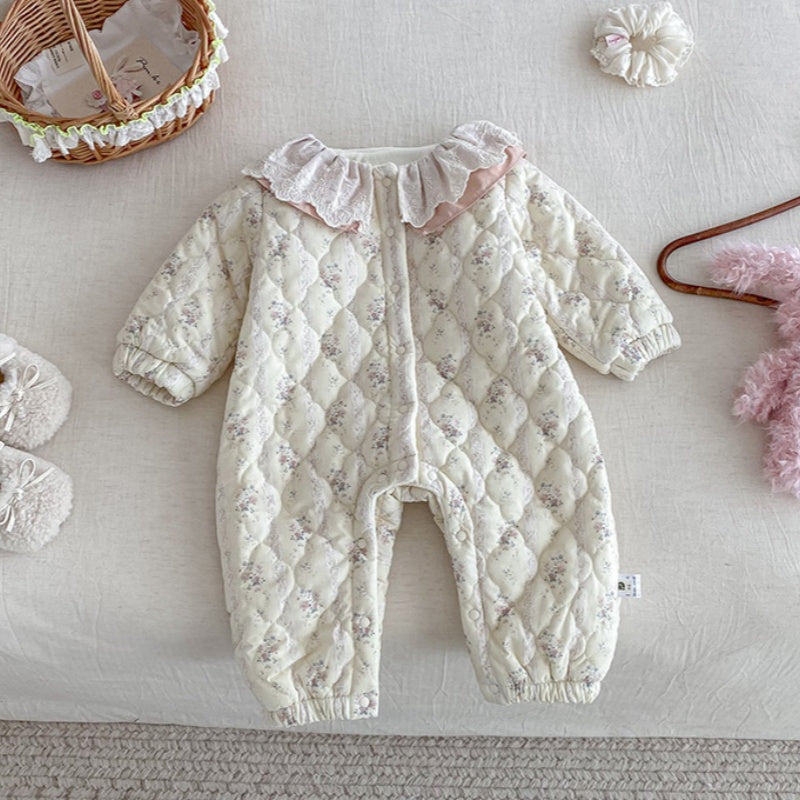【BABY】冬新作花柄フリル襟キルティング裏起毛カバーオールSK102717