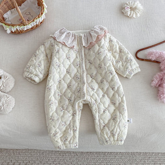 【BABY】冬新作花柄フリル襟キルティング裏起毛カバーオールSK102717