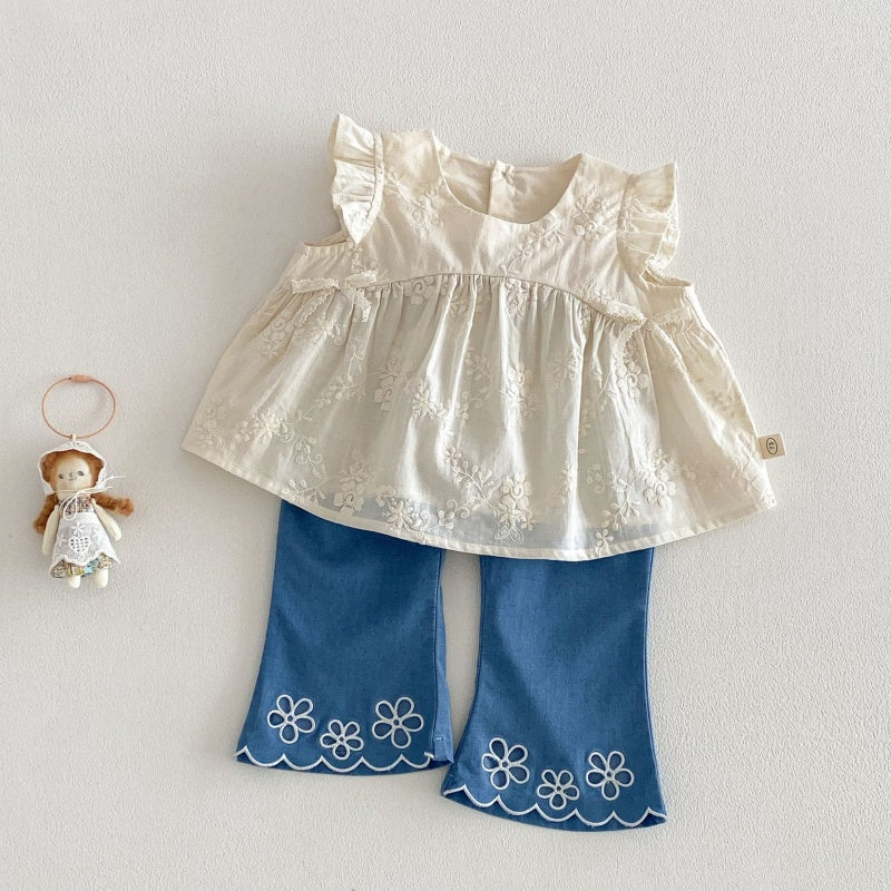 【BABY&KID】夏新作 ジャカードフリルスリーブブラウス、刺繍デニムパンツSK105215