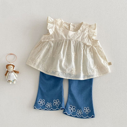 【BABY&KID】夏新作 ジャカードフリルスリーブブラウス、刺繍デニムパンツSK105215