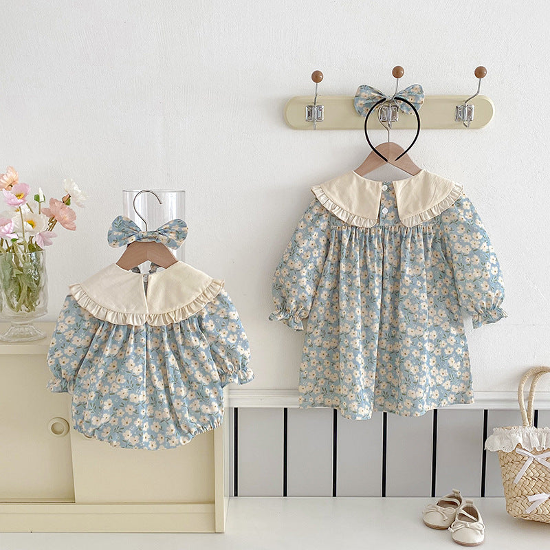 【姉妹服】花刺繍襟ロンパース、ワンピースSK101135