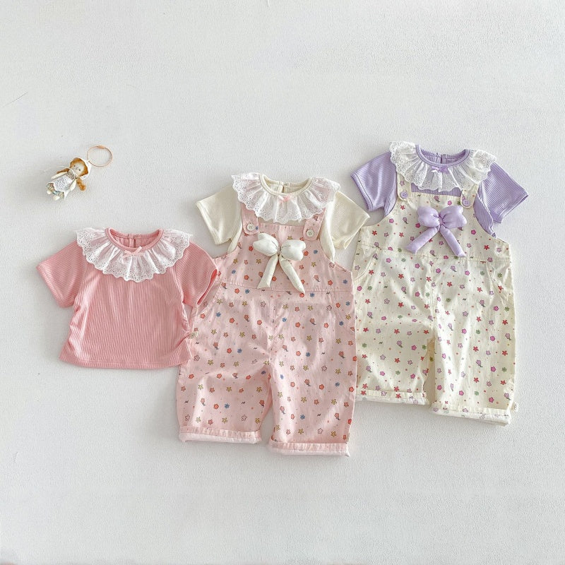 【BABY&KID】夏新作蝶結び総柄サロペット、レース襟TシャツSK104823