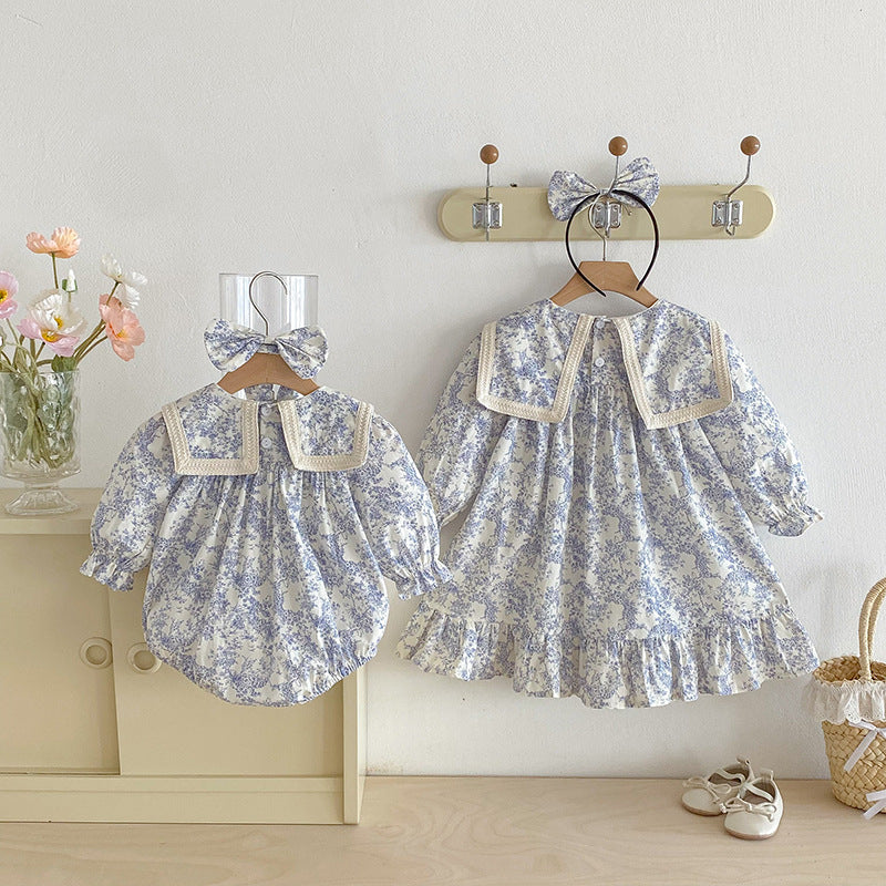 【姉妹服】蝶結び襟花柄ロンパース、ワンピースSK101109