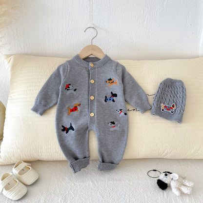 【BABY】ワンちゃん刺繍ニットカバーオール＆帽子SK092505