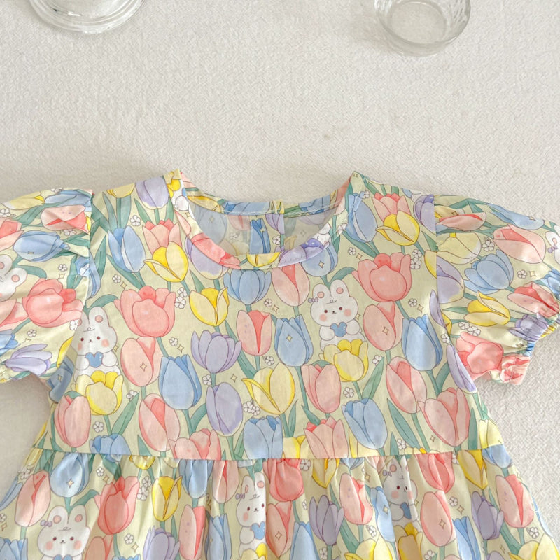 【BABY&KID】夏新作 花柄うさぎロンパース、ロンパースワンピ、ワンピースSK090713