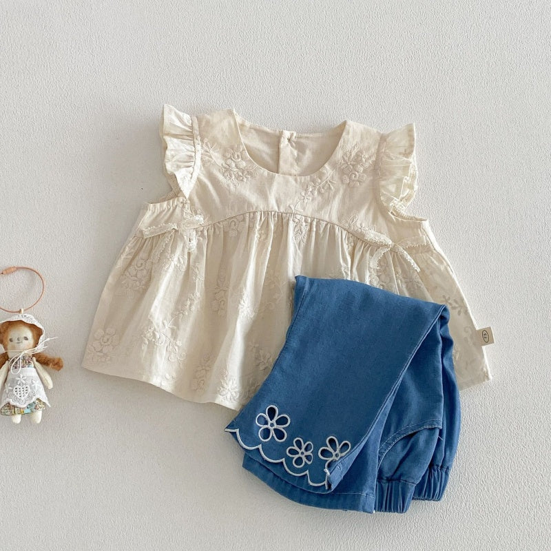 【BABY&KID】夏新作 ジャカードフリルスリーブブラウス、刺繍デニムパンツSK105215