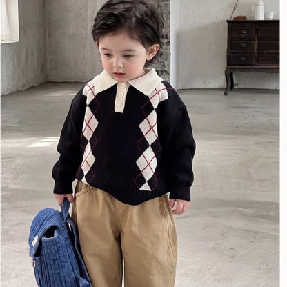 【BABY&KID】ダイヤ柄ニット、裏起毛ストレートパンツSK107019