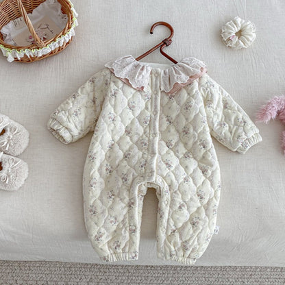 【BABY】冬新作花柄フリル襟キルティング裏起毛カバーオールSK102717