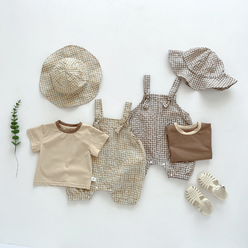 【BABY】夏新作 帽子付きチェックサロペット＆シャツ3点セットSK062602