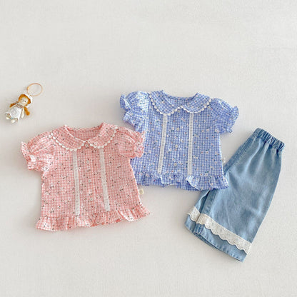 【BABY&KID】夏新作小花柄レースフリルシャツ、パンツSK105022