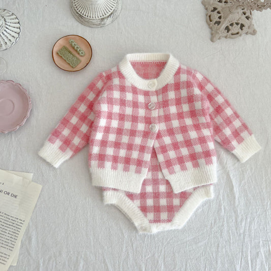 【BABY】チェックサロペットロンパース、カーディガンSK101535