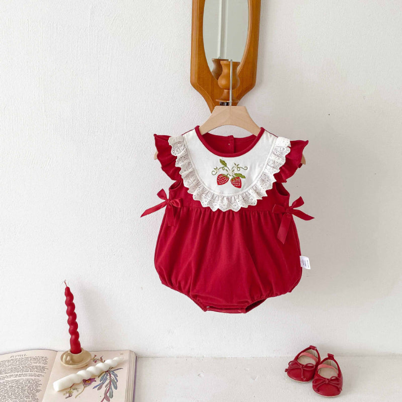 【BABY】夏新作 いちご刺繍ロンパースSK081507