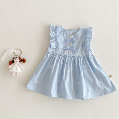 【BABY&KID】夏新作 無地リボン刺繍ワンピースSK070501