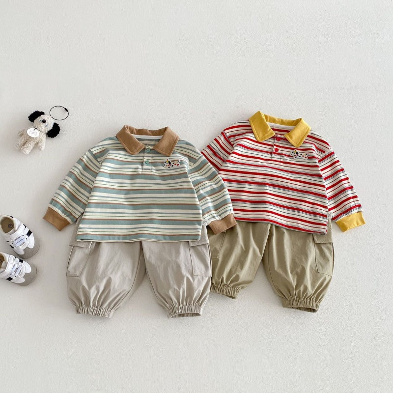 【BABY&KID】韓国風マルチボーダーPolo長袖TシャツSK104308