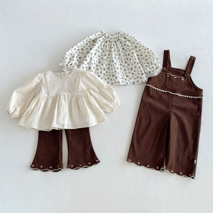 【BABY&KID】パフスリーブシャツ、刺繍サロペット、フレアパンツSK107213