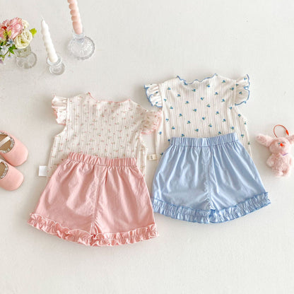 【BABY&KID】夏新作 ニットフリル袖Tシャツ、ョートパンツSK080615