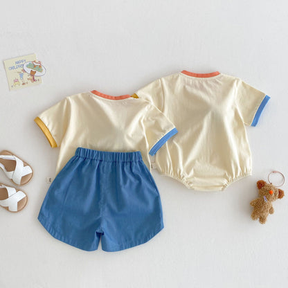 【BABY】夏新作  カラーバリBOWベアロンパース、Ｔシャツ、パンツSK061607