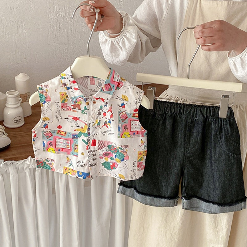 【BABY】夏新作カートゥーンノースリーブシャツ＆デニムパンツSK105313