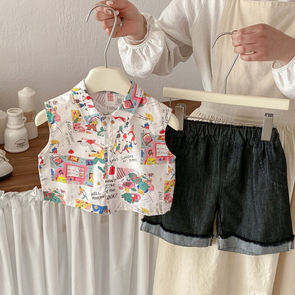 【BABY】夏新作カートゥーンノースリーブシャツ＆デニムパンツSK105313