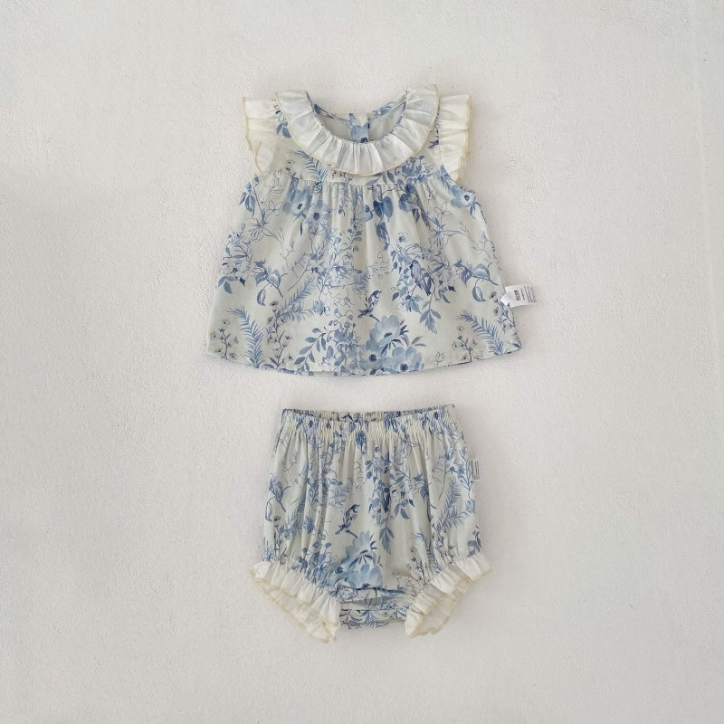 【BABY&KID】夏新作 ラウンドネックフリルスリーブ小花柄セットアップSK104928