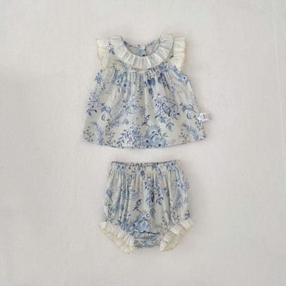 【BABY&KID】夏新作 ラウンドネックフリルスリーブ小花柄セットアップSK104928