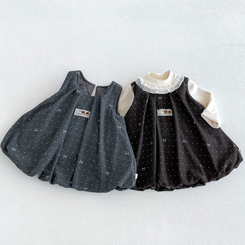 【BABY&KID】ドット蝶結びワンピース、ベージュトップスSK108112