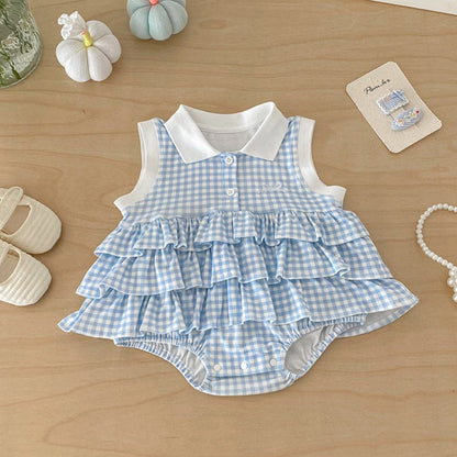 【BABY】夏新作格子柄蝶結び刺繍ロンパースSK104501