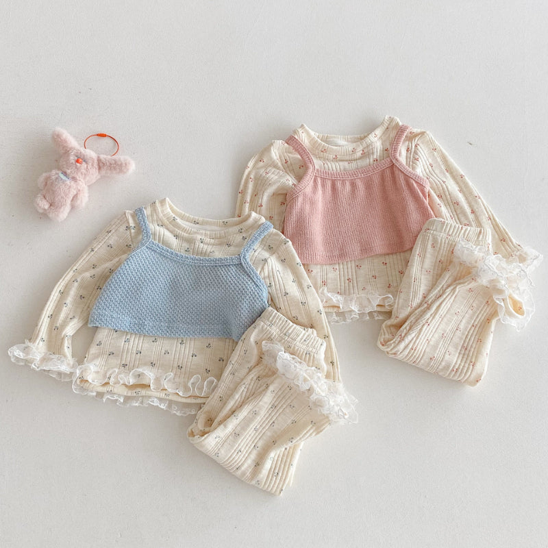 【BABY】花柄レース付きセットアップ＆ベスト3点セットSK092416