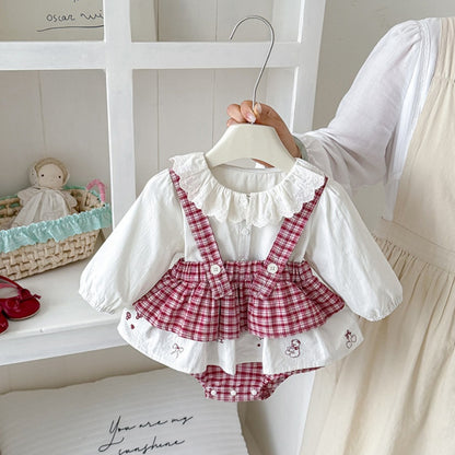 【BABY】チェックサロペットロンパース＆レース襟シャツSK106804